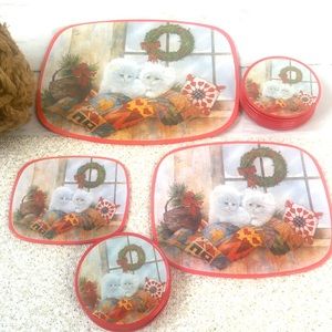 Vintage Christmas Kitty Cat Tray & Coasters White Fuzzy Kitten Pillows Wreath
